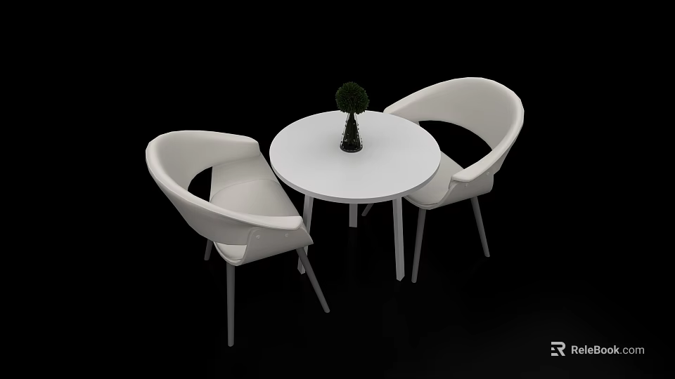 White Round Negotiation Table With Two Chairs And Small Potted Plant 3d model 