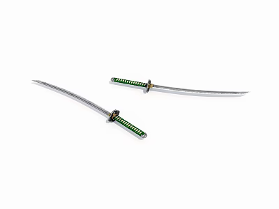 Two Traditional Samurai Swords With Green Handles Black Accents And Silver Blades 3d model