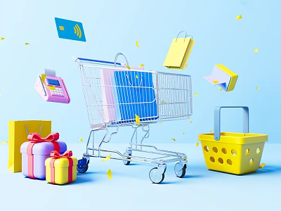 Colorful Shopping Cart With Bags Gift Boxes POS Machine Wi-Fi Symbol And Basket 3d model