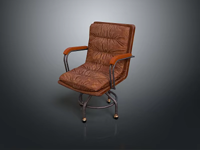 Tufted Brown Leather Armchair With Wooden Arms And Metal Caster Wheels 3d model