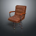 Tufted Brown Leather Armchair With Wooden Arms And Metal Caster Wheels