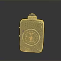 Vintage Metal Flask With Black Body Golden Cap And Circular Red Emblem Design