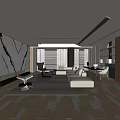 Modern Living Room With Marble Wall Fireplace Beige Sofa Open Shelves And Large Windows