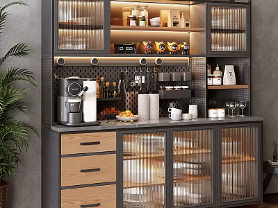 Modern Sideboard With Glass Doors Wooden Drawers Coffee Machine And Dinnerware Storage 3d model