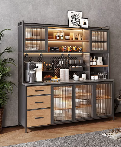 Modern Sideboard With Glass Doors Wooden Drawers Coffee Machine And Dinnerware Storage 3d model