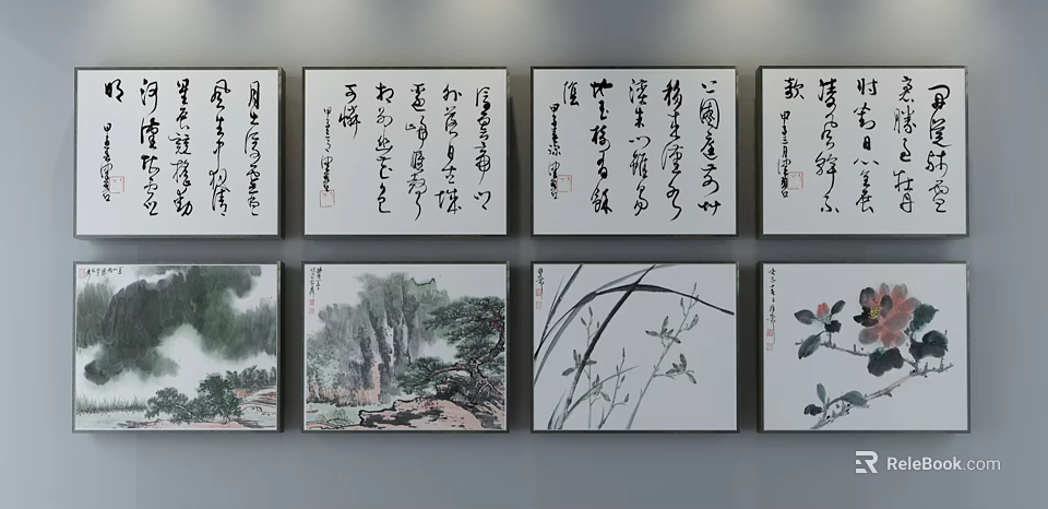 Traditional Chinese Ink Wash Landscape Paintings Featuring Mountains Rivers Trees And Flowers 3d model 