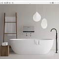Modern White Free Standing Bathtub With Black Faucet Wooden Ladder Teardrop Pendant Lights And Towels