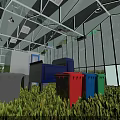 Industrial Factory Building with Glass Facade in Green Outdoor Area Under Blue Sky and Clouds