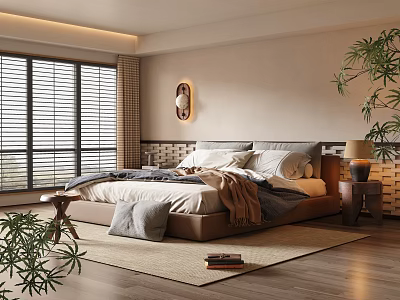 Serene Bedroom Interior With Large Windows Blinds Wooden Floor Rug And Plants 3d model