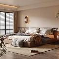 Serene Bedroom Interior With Large Windows Blinds Wooden Floor Rug And Plants