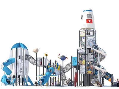 Outdoor Garden Play Structures with Rocket Shaped Tower Slides and Planet Decorations 3d model