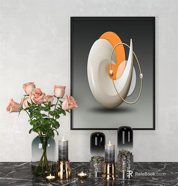 Modern Interior Decor With Abstract Wall Art Glass Vase Pink Roses And Candles 3d model 
