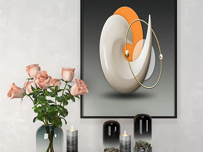 Modern Interior Decor With Abstract Wall Art Glass Vase Pink Roses And Candles 3d model