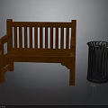 Wooden Bench With Backrest Armrest And Metal Trash Can In Outdoor Setting