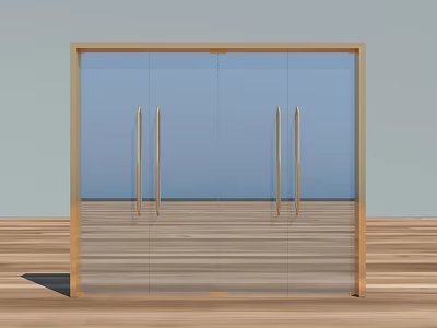 Glass Door With Gold Frame Symmetric Handles Blue Background And Wooden Floor 3d model