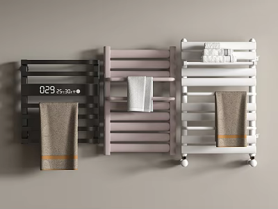 Heated Towel Radiators in Black Pink White with Digital Display and Hanging Towels for Bathroom 3d model