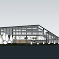 Modern Waterfront Building With Glass Facade Green Roof And Trees Around