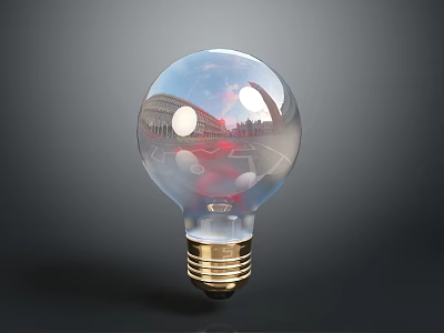 Transparent Light Bulb With Reflected Buildings Cityscape Red Elements And Golden Base 3d model