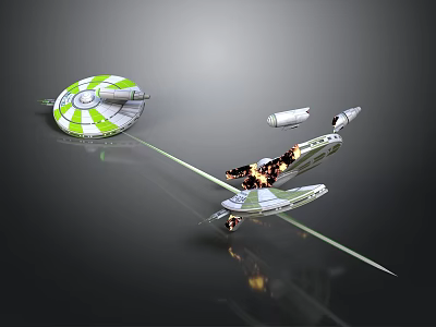 Green And White Spacecraft Flying With Laser Beams In Cosmic Space 3d model