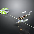 Green And White Spacecraft Flying With Laser Beams In Cosmic Space