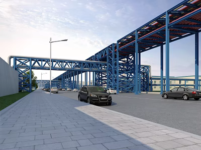 Modern Road Infrastructure Featuring Blue Steel Overpass Street Lamp Vehicles And Paved Walkway 3d model