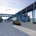 Modern Road Infrastructure Featuring Blue Steel Overpass Street Lamp Vehicles And Paved Walkway