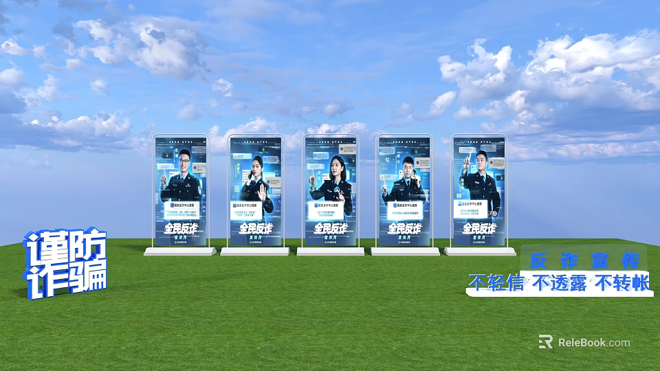 Outdoor Safety Promotion Billboards With Uniformed Personnel On Green Grass Under Blue Sky 3d model 