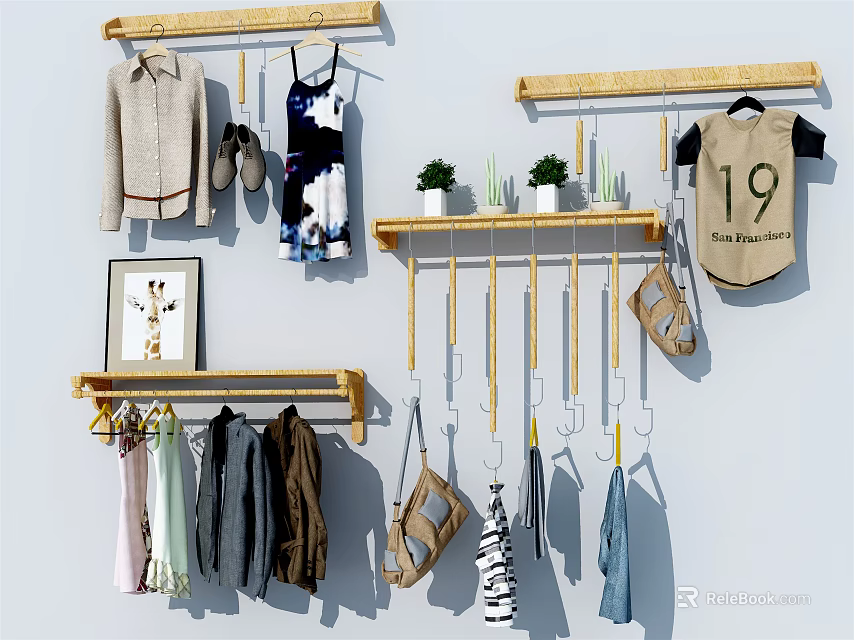 Stylish Wall Mounted Clothes Racks With Hanging Clothes Bags Shoes And Plants 3d model 