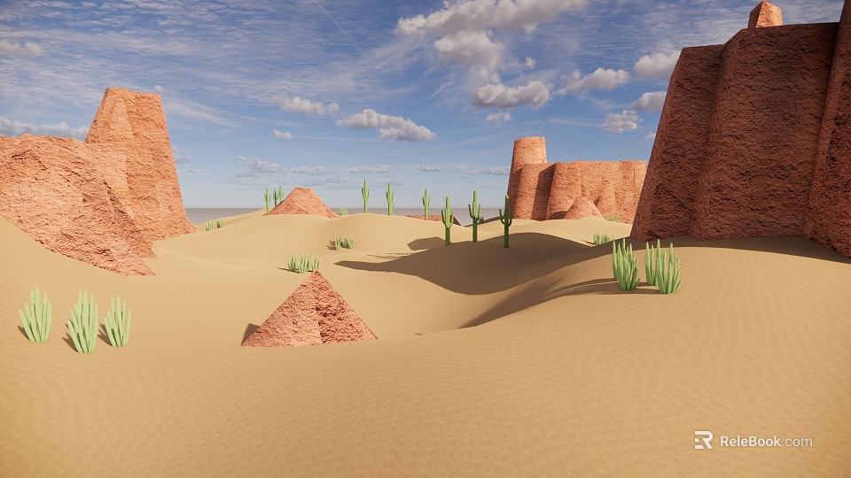 Scenic Desert Landscape With Red Rock Formations Sand Dunes And Cacti Under Blue Sky 3d model 