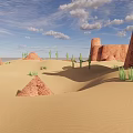 Scenic Desert Landscape With Red Rock Formations Sand Dunes And Cacti Under Blue Sky