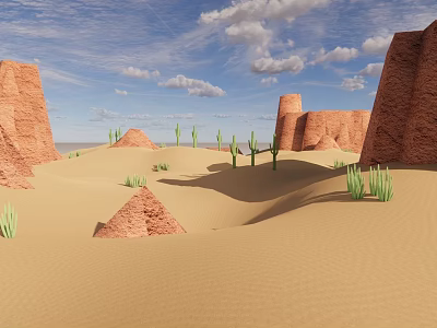 Scenic Desert Landscape With Red Rock Formations Sand Dunes And Cacti Under Blue Sky 3d model