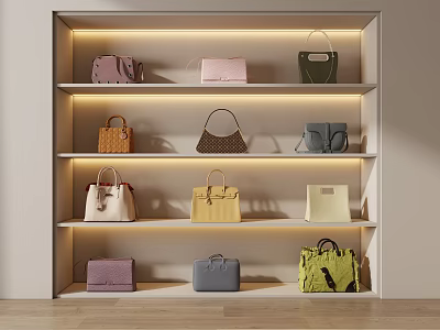 Elegant Handbags Displayed on Illuminated Shelves with Various Colors and Styles 3d model