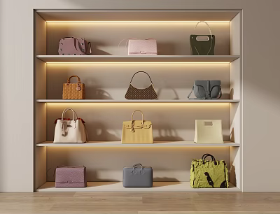 Elegant Handbags Displayed on Illuminated Shelves with Various Colors and Styles 3d model
