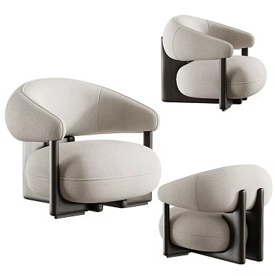 Modern Beige Fabric Armchair With Curved Arms Rounded Seat And Black Legs 3d model