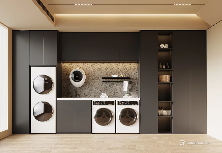 Modern Laundry Room With Stackable And Side By Side Washers Dark Cabinets Textured Backsplash 3d model 