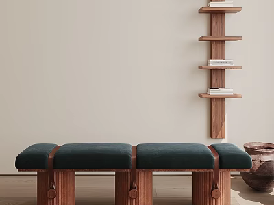Dark Green Upholstered Sofa Bench with Wooden Legs Beside Tall Bookshelf and Ceramic Pot 3d model