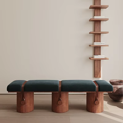 Dark Green Upholstered Sofa Bench with Wooden Legs Beside Tall Bookshelf and Ceramic Pot 3d model