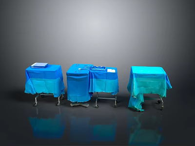 Three Dining Tables Covered With Blue Cloths With Wheels And White Items On Top 3d model