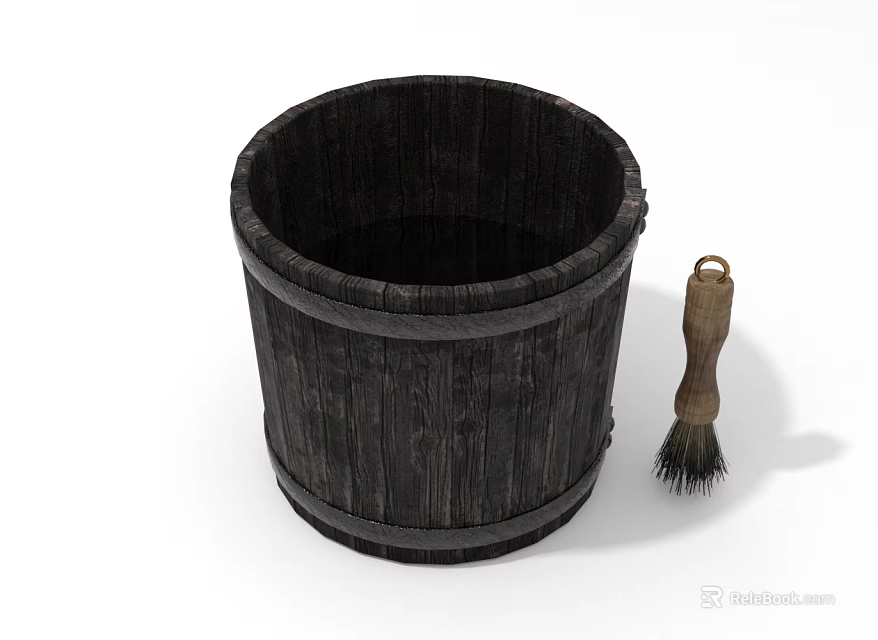 Vintage Wooden Washing Bucket With Bristle Brush For Daily Household Cleaning Supplies 3d model 