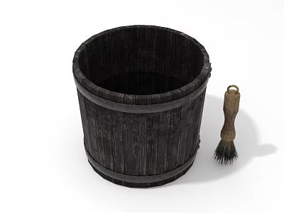 Vintage Wooden Washing Bucket With Bristle Brush For Daily Household Cleaning Supplies 3d model