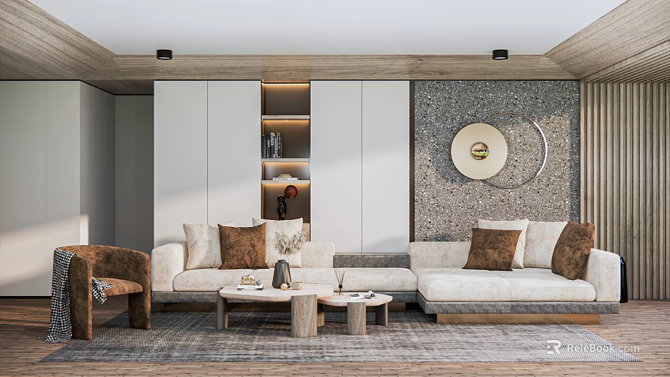 Modern Sofa And Coffee Table Combination With Soft Cushions And Wooden Frames 3d model 