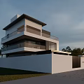 Modern Two Story Detached Villa With Balcony Wall Gate And Palm Trees