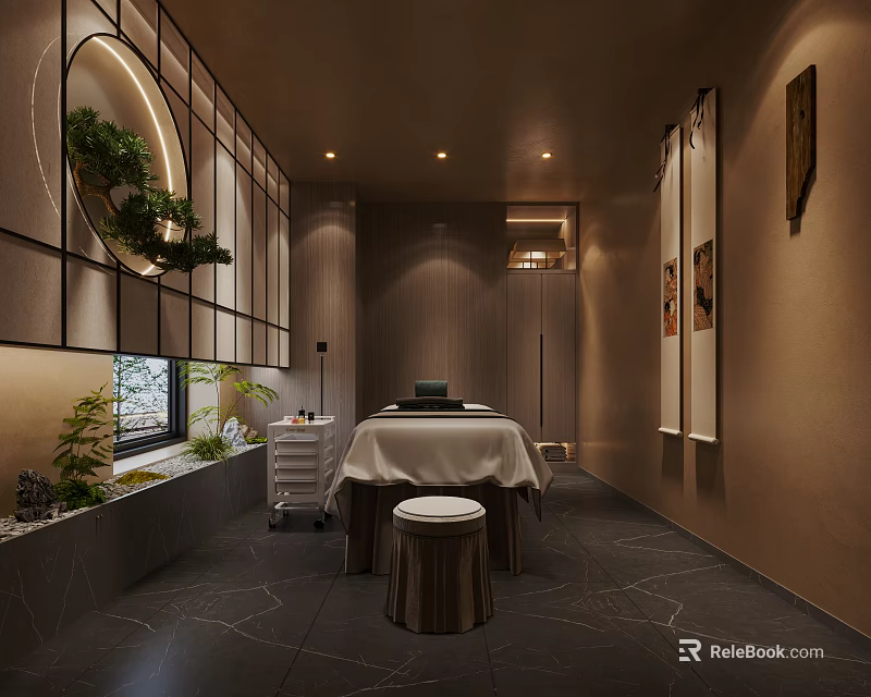 Serene SPA Sauna Interior With Treatment Table Wooden Stool Green Plants And Warm Lighting 3d model 