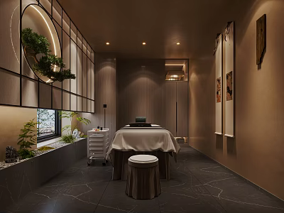 Serene SPA Sauna Interior With Treatment Table Wooden Stool Green Plants And Warm Lighting 3d model