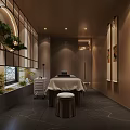Serene SPA Sauna Interior With Treatment Table Wooden Stool Green Plants And Warm Lighting