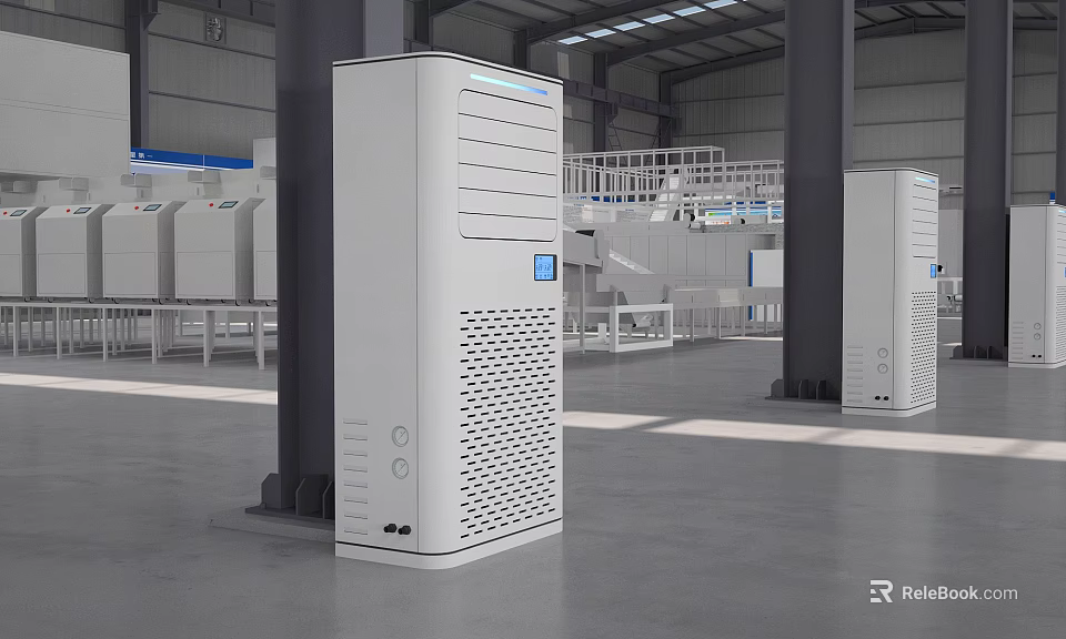 Modern Industrial Factory With White Vertical Machinery And Control Panels 3d model 