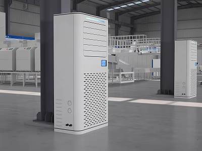 Modern Industrial Factory With White Vertical Machinery And Control Panels 3d model