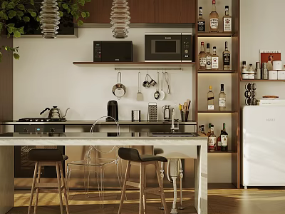 Modern Kitchen Interior With Island Counter Cabinets Appliances Cookware Bottles And Plants 3d model