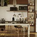 Modern Kitchen Interior With Island Counter Cabinets Appliances Cookware Bottles And Plants