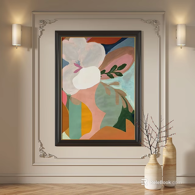 Abstract Painting With Floral Elements Leaves Vibrant Colors And Geometric Shapes In Decorative Frame 3d model 